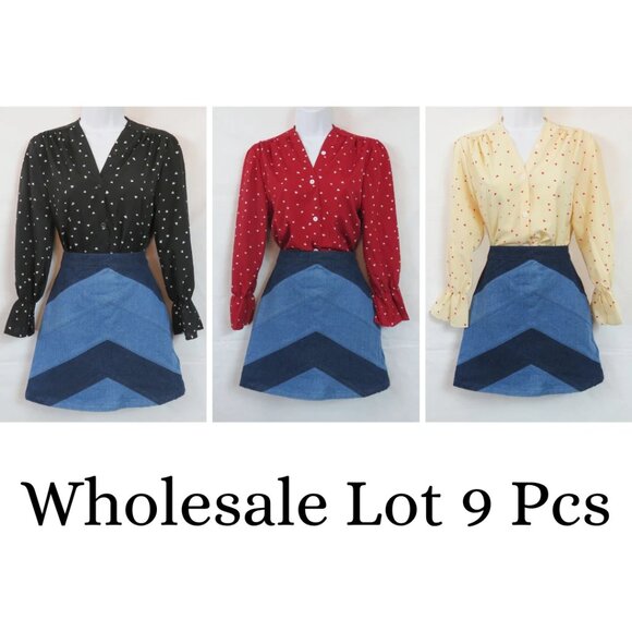 Reseller Lot - 9 Button Up Blouses - Heart Print 3 Colors Size S Wholesale Pack - Picture 1 of 7